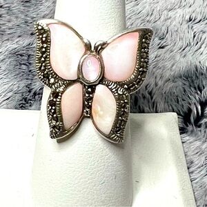 LEE SANDS Pink Mother of Pearl Sterling Butterfly Ring Vintage